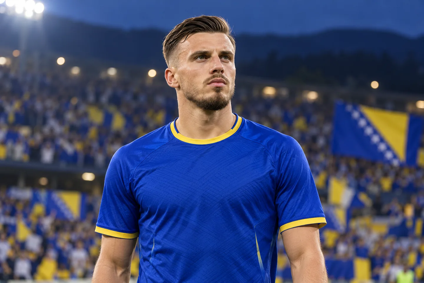 A Demirović-inspired Bosnia and Herzegovina forward in blue, full face visible