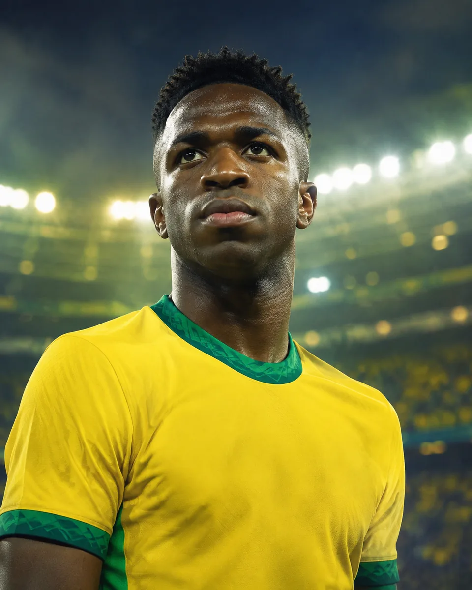 Editorial portrait of Vinicius Junior in a yellow Brazil-style shirt