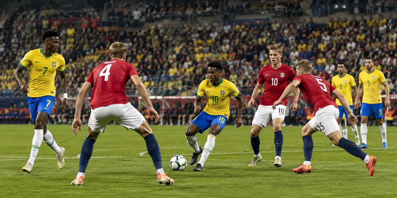 Conceptual Brazil and Norway knockout match scene