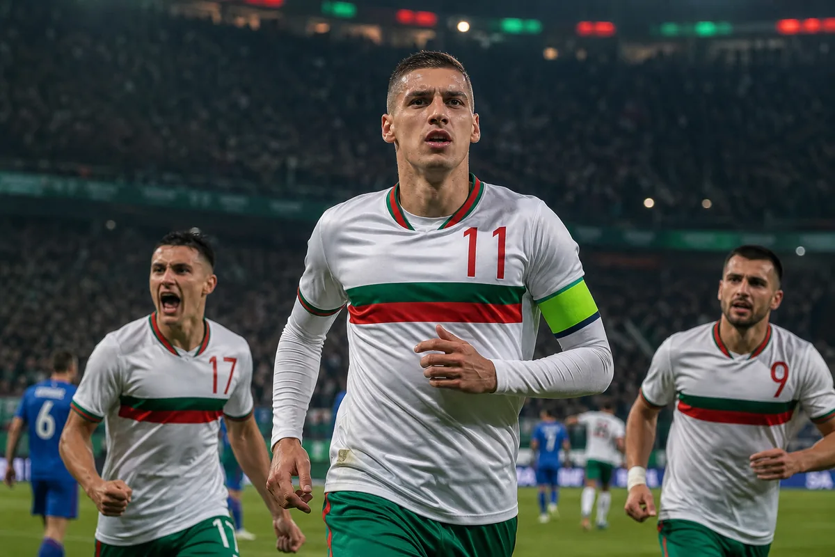Fictional footballers in Bulgaria-inspired national colours during a stadium match