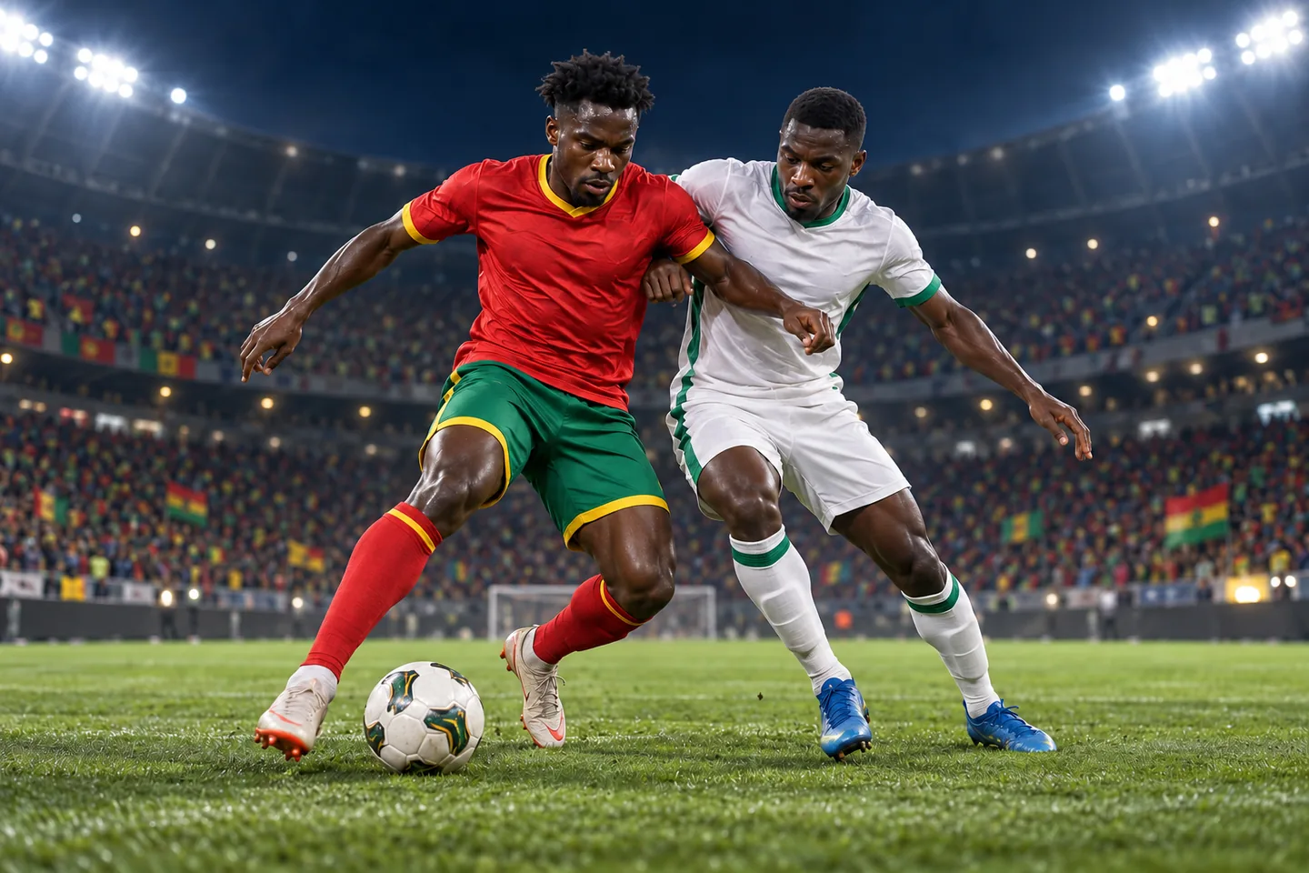 Symbolic Burkina Faso and Mauritania players contesting the ball, both faces visible