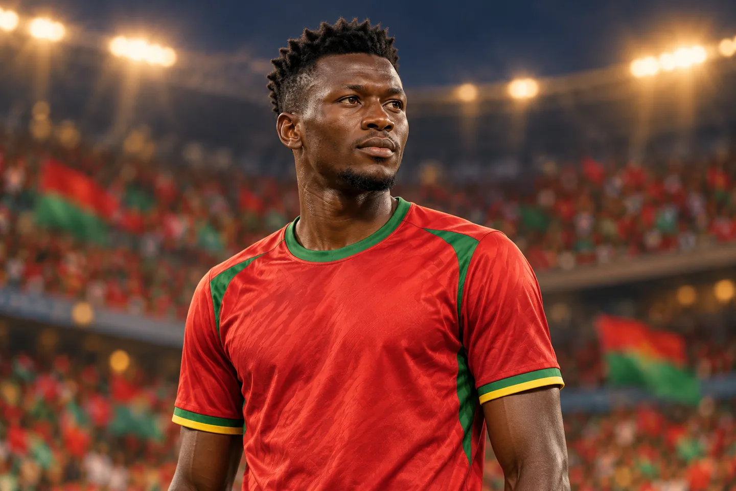An Edmond Tapsoba-inspired Burkina Faso defender in red, full face visible