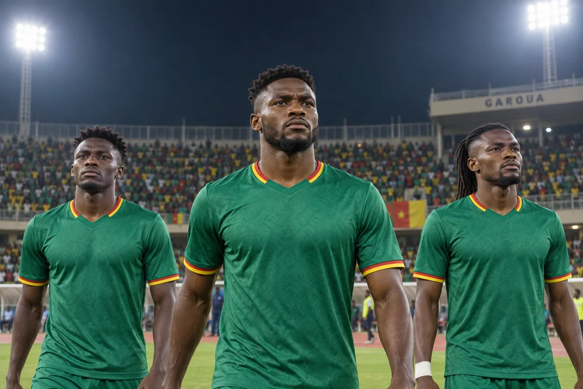 Fictional footballers in Cameroon-inspired national colours during a stadium match