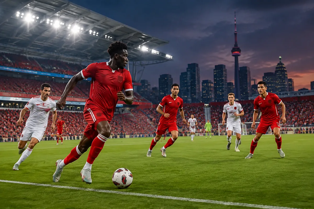 Fictional footballers in Canada-inspired national colours during a stadium match