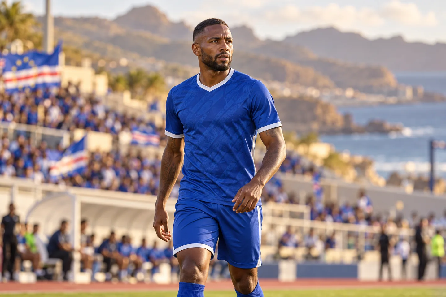 A Ryan Mendes-inspired Cape Verde forward in blue, full face visible