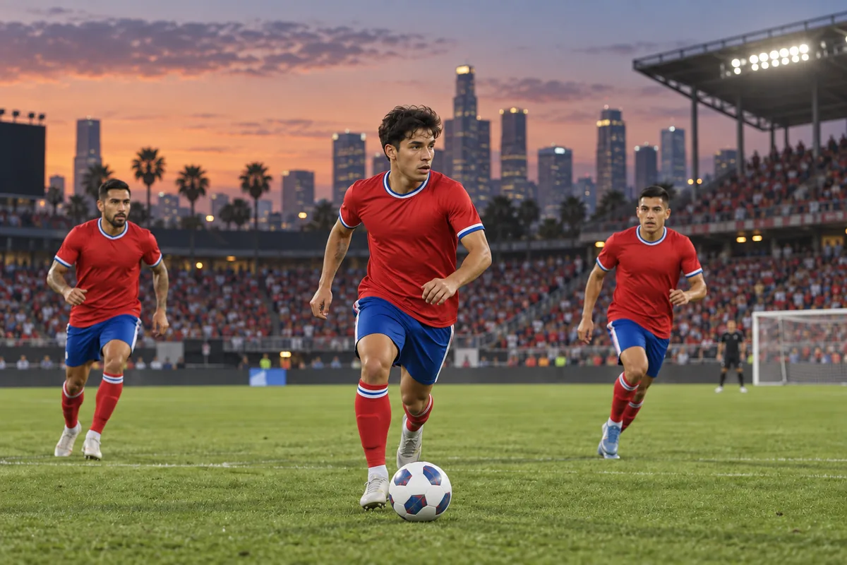 Fictional footballers in Chile-inspired national colours during a stadium match
