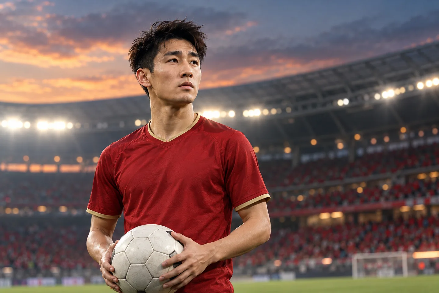 Wei Shihao-inspired Chinese football playmaker in a plain red shirt holding a ball