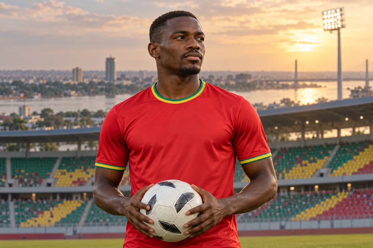 Gaius Makouta-inspired Congolese midfielder in a plain red shirt holding a ball