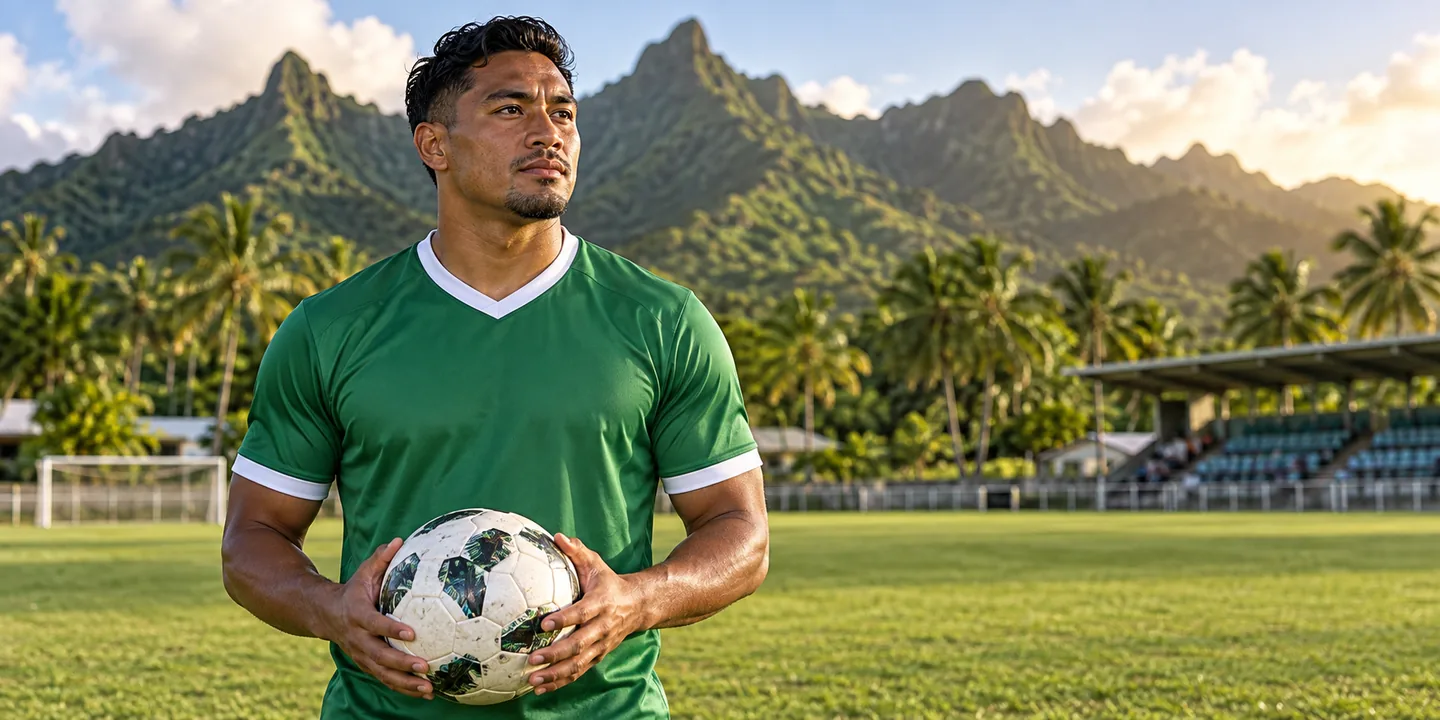 Ben Mata-inspired Cook Islands captain in green at a tropical football ground, with his full head, face and hands visible