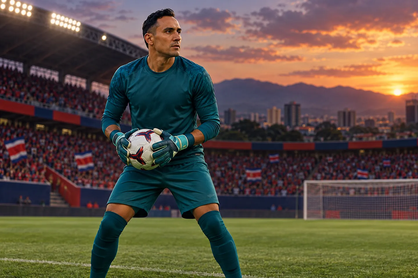 Navas-inspired goalkeeper holding a football in a teal shirt