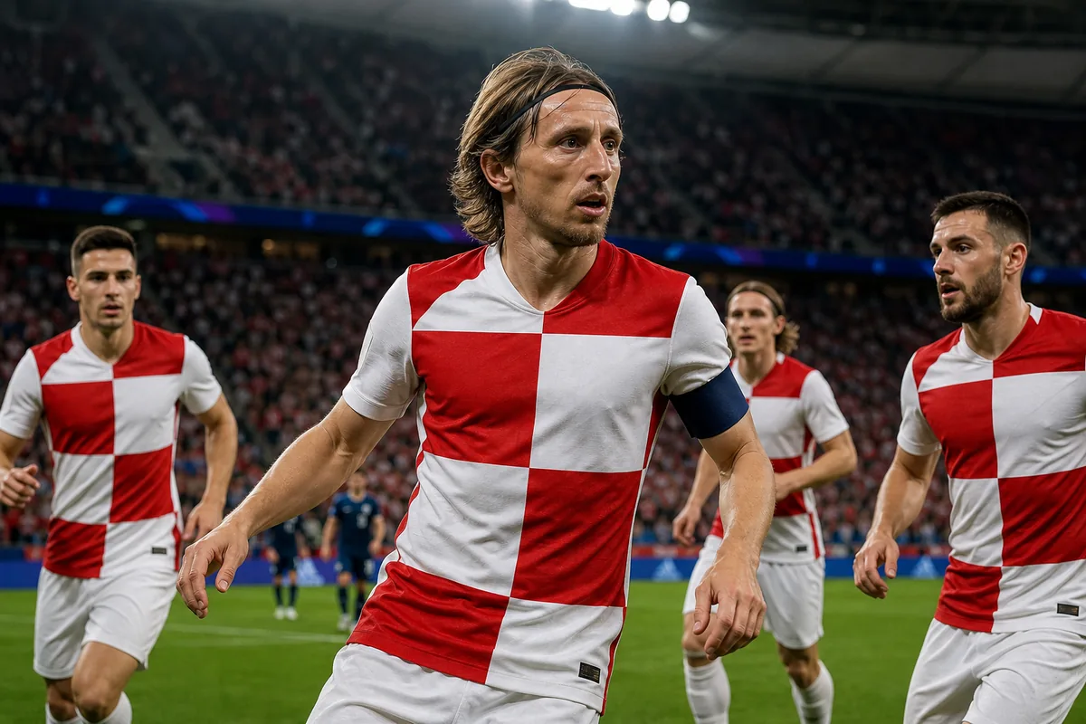 Fictional footballers in Croatia-inspired national colours during a stadium match