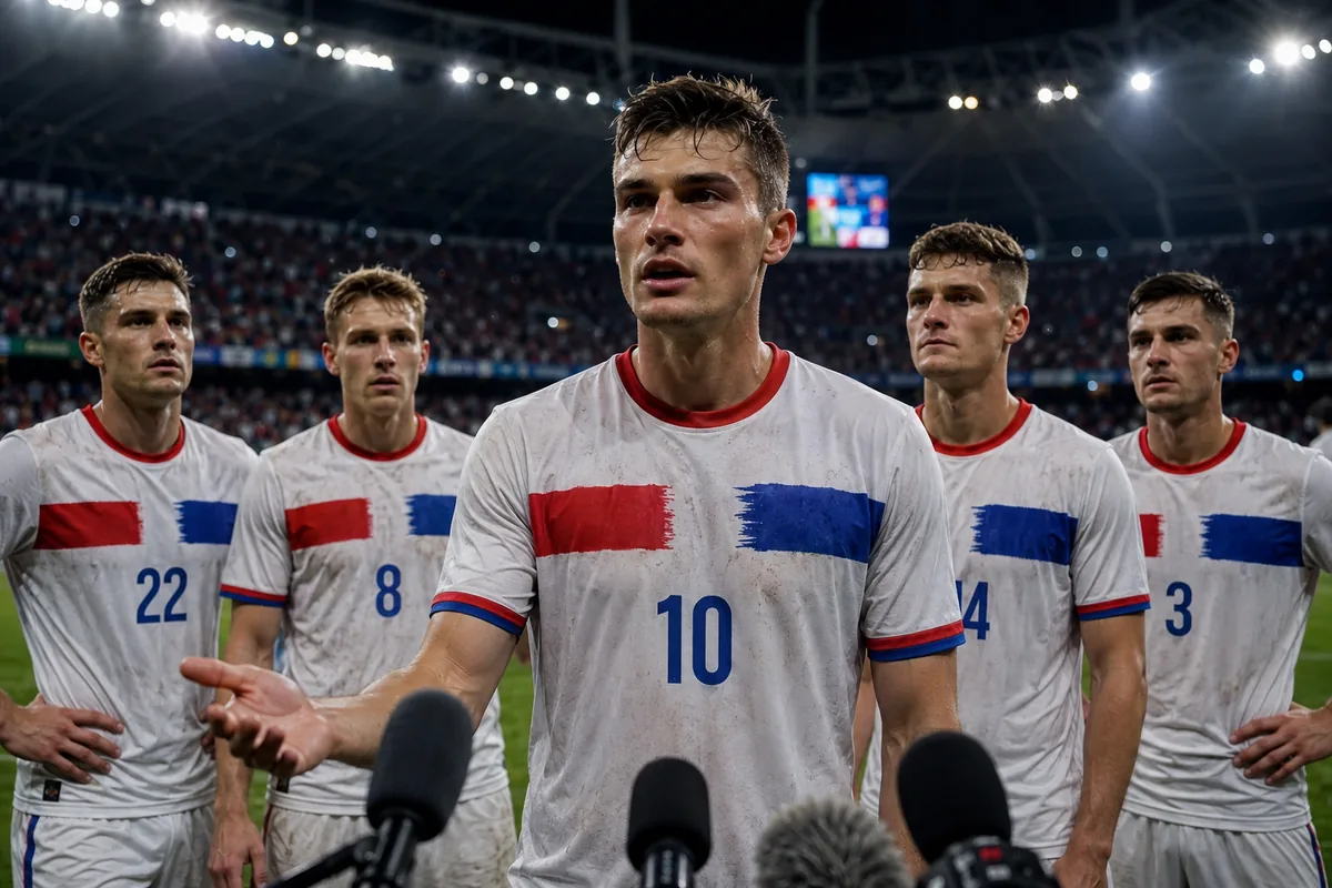 Fictional footballers in Czech Republic-inspired national colours during a stadium match