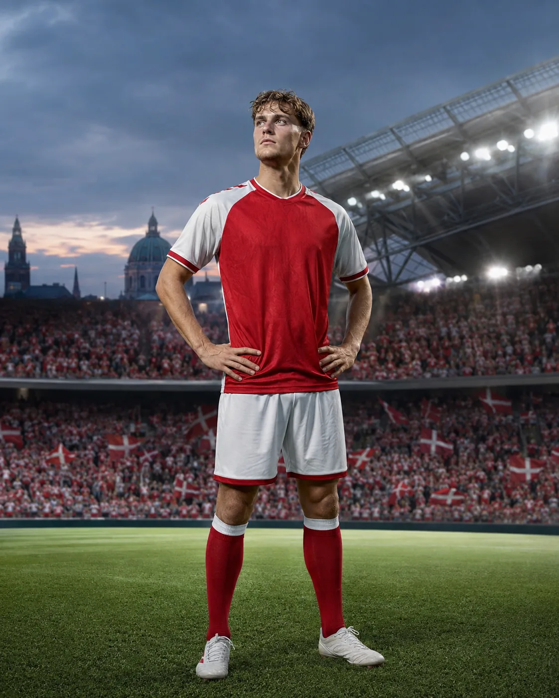 Editorial portrait of a Danish footballer in red and white