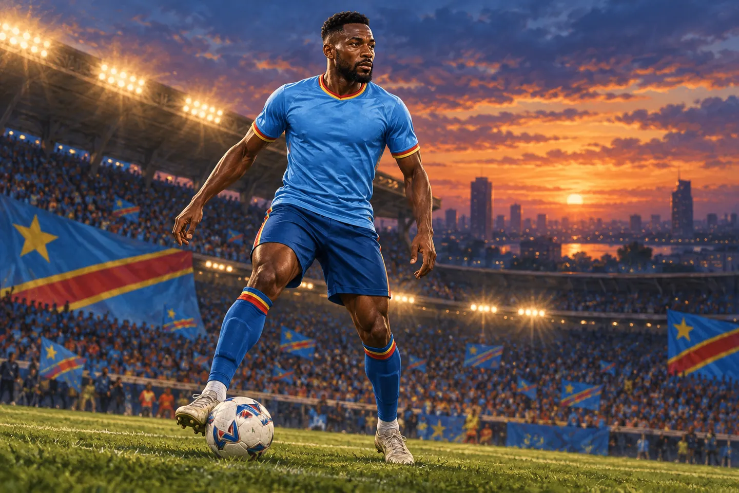Mbemba-inspired footballer controlling a ball in a sky-blue DR Congo shirt