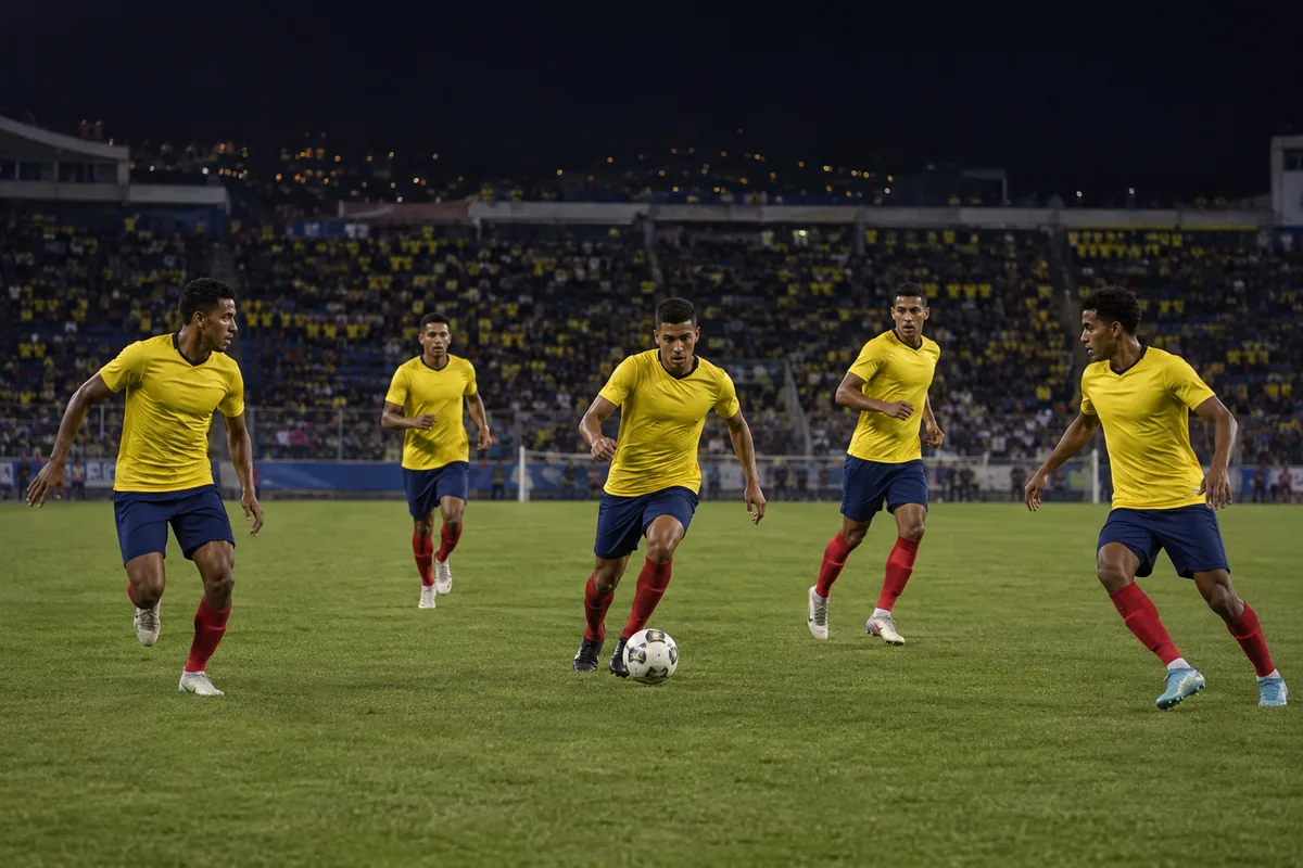 Fictional footballers in Ecuador-inspired national colours during a stadium match