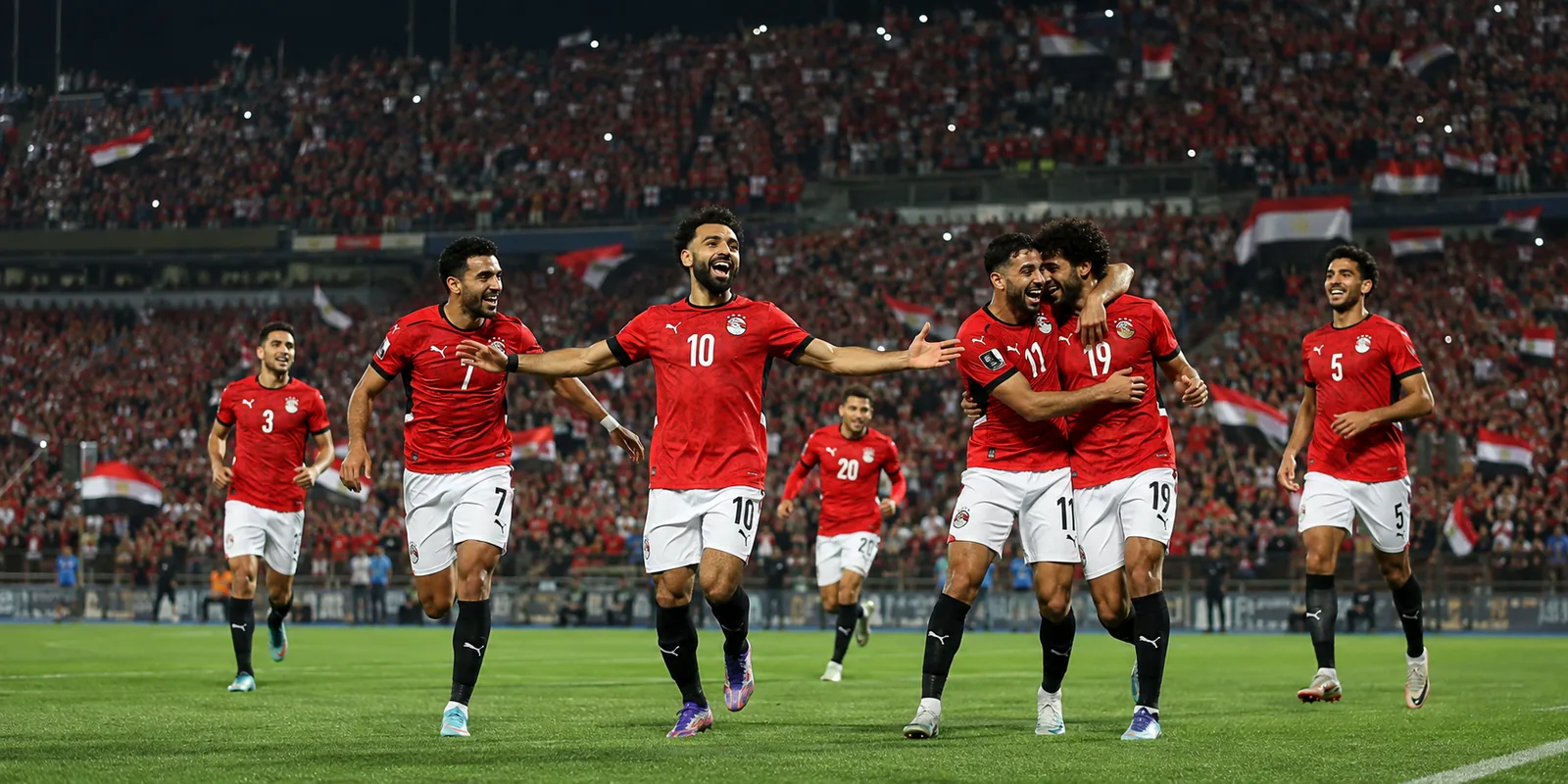 Conceptual illustration of Egypt players celebrating in a packed stadium