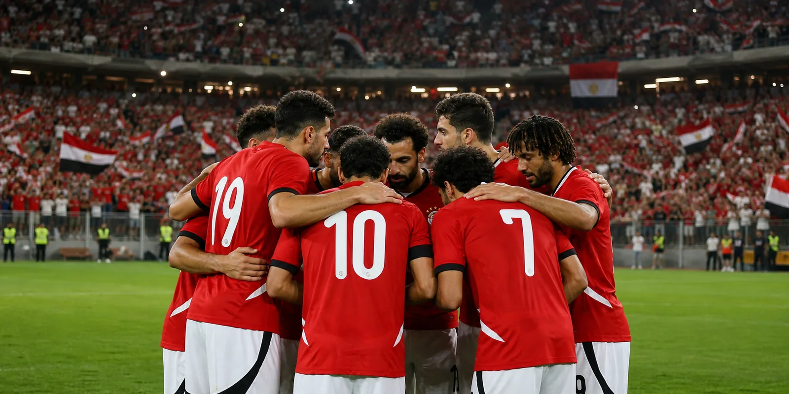 Conceptual illustration of Egypt players in a focused team huddle