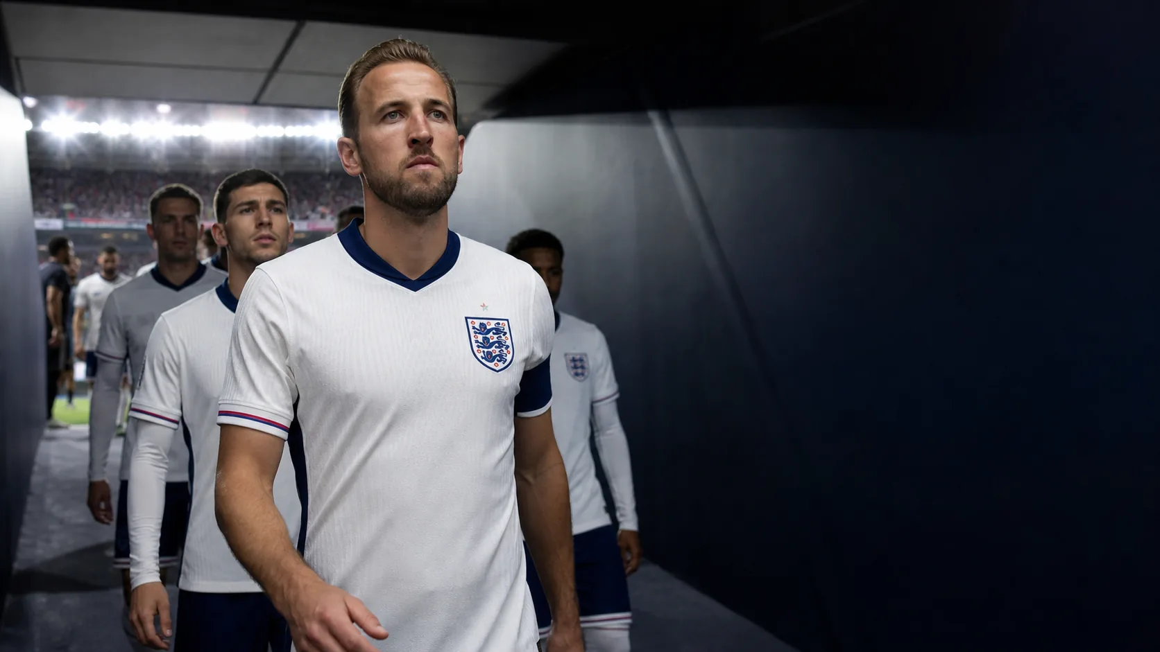 Editorial illustration of Harry Kane leading England players through a stadium tunnel