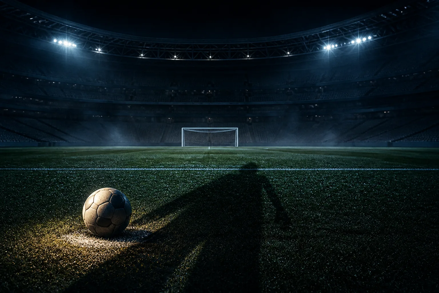 Editorial illustration of an empty football stadium and a ball under floodlights
