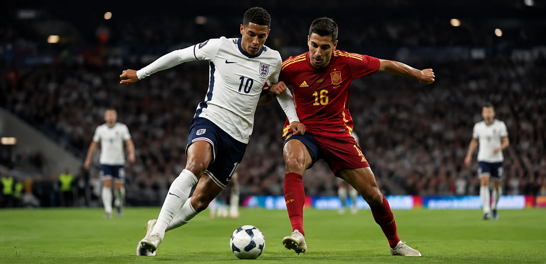 Editorial illustration of an England player contesting the ball with a Spain player