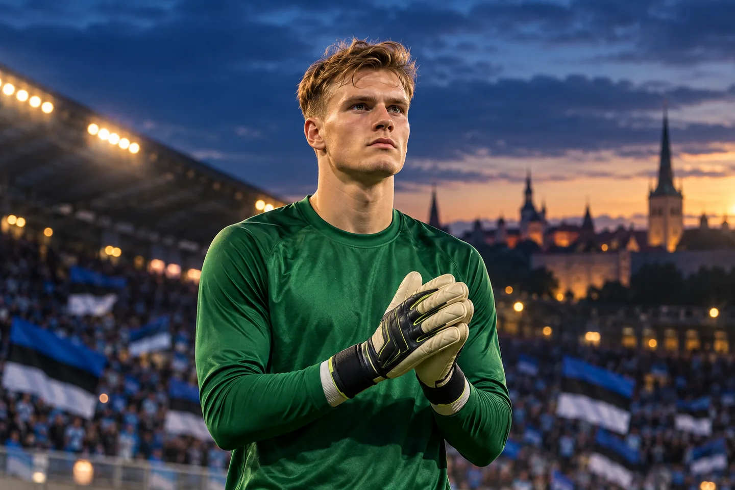 Karl Jakob Hein-inspired Estonia goalkeeper in green, with his full face visible