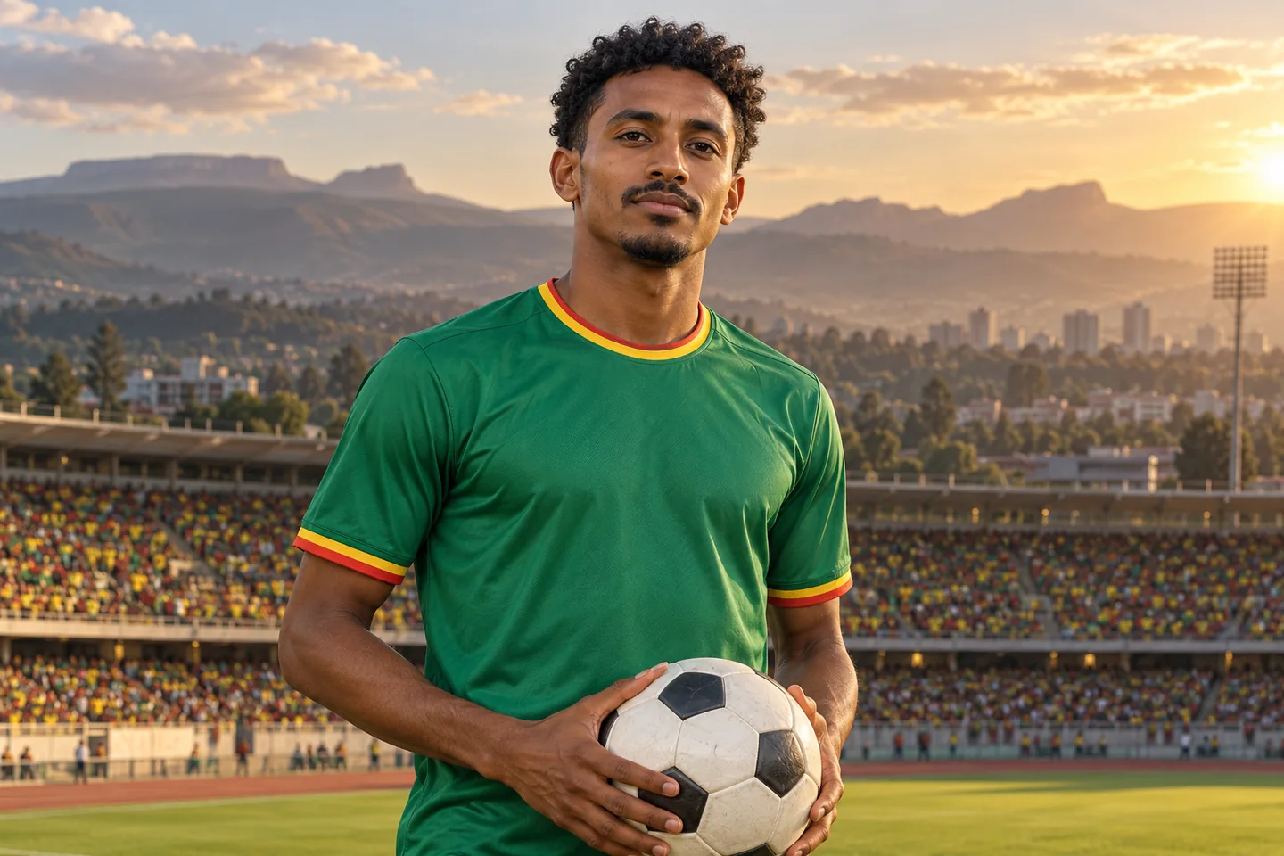 Kenean Markneh-inspired Ethiopian midfielder in a plain green shirt holding a ball