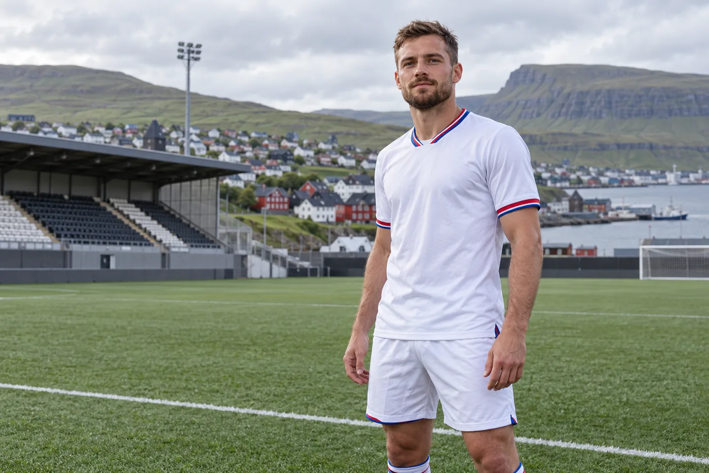 Petur Knudsen-inspired Faroese striker in white, with his full face visible