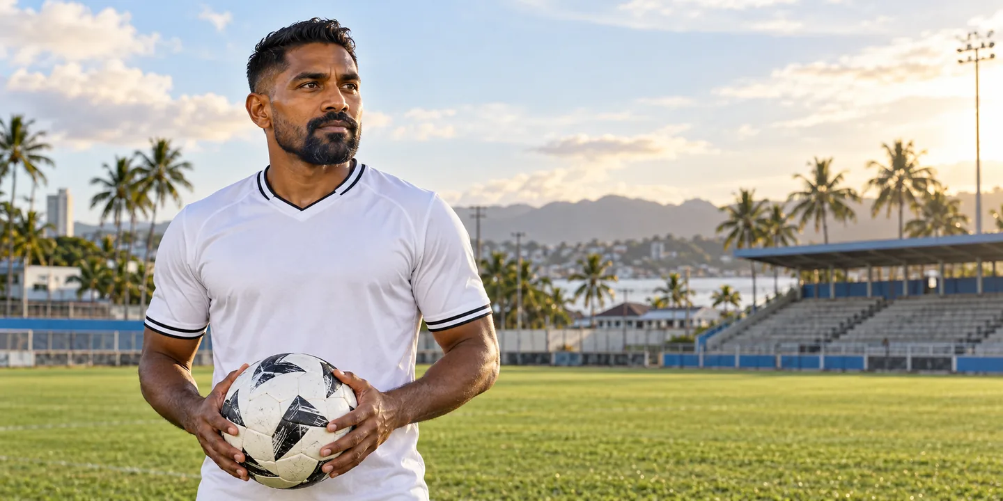 Roy Krishna-inspired Fiji captain in a white shirt at a tropical football ground, with his full head and face visible