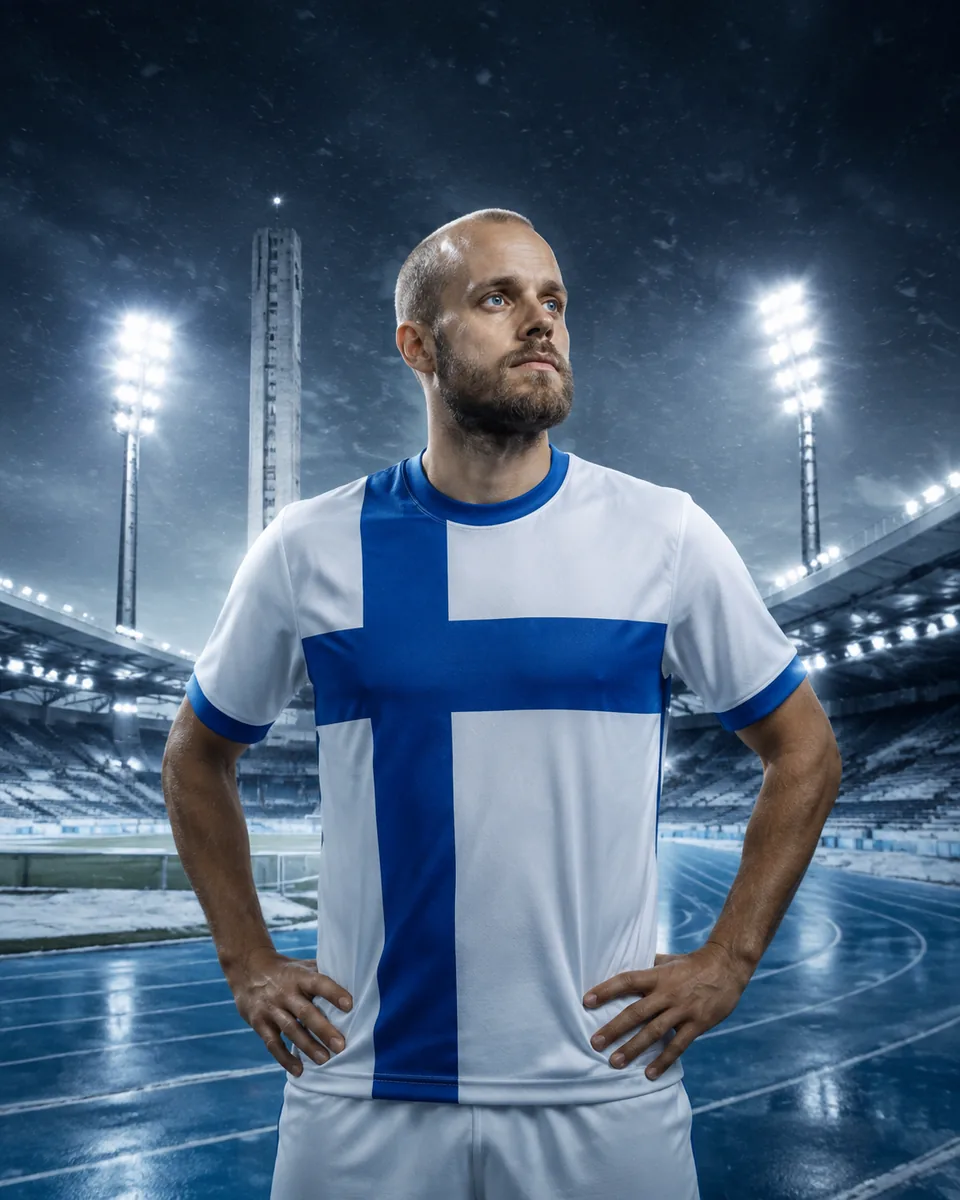 Editorial portrait of a Finnish striker in blue and white