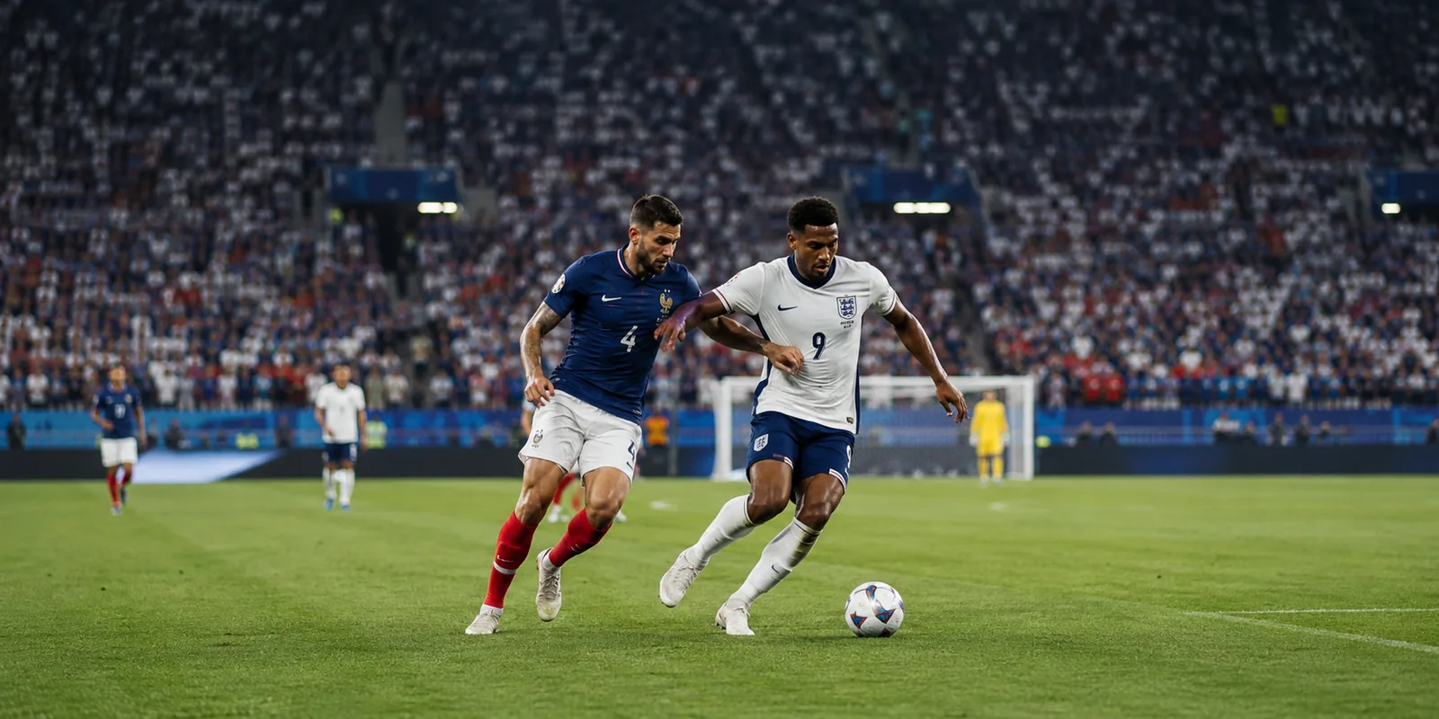 Editorial illustration of a French defender tracking an England forward carrying the ball