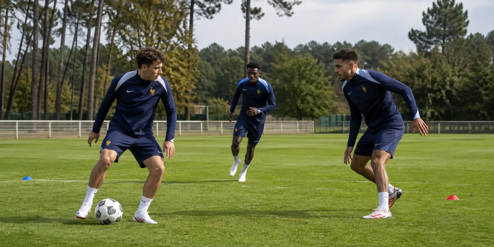 Conceptual illustration of three fictional French players practising a passing and pressing drill