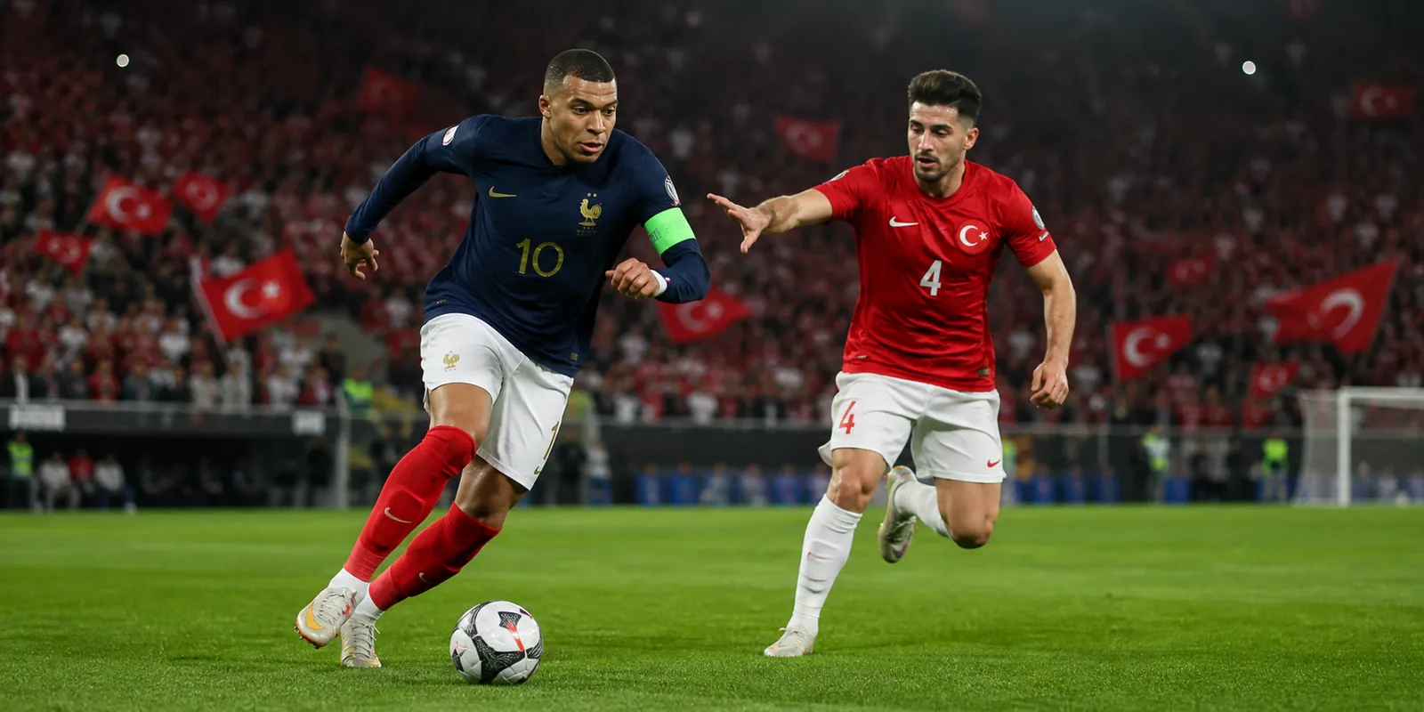 Preview illustration of Kylian Mbappé carrying the ball alongside a fictional defender in Türkiye colours