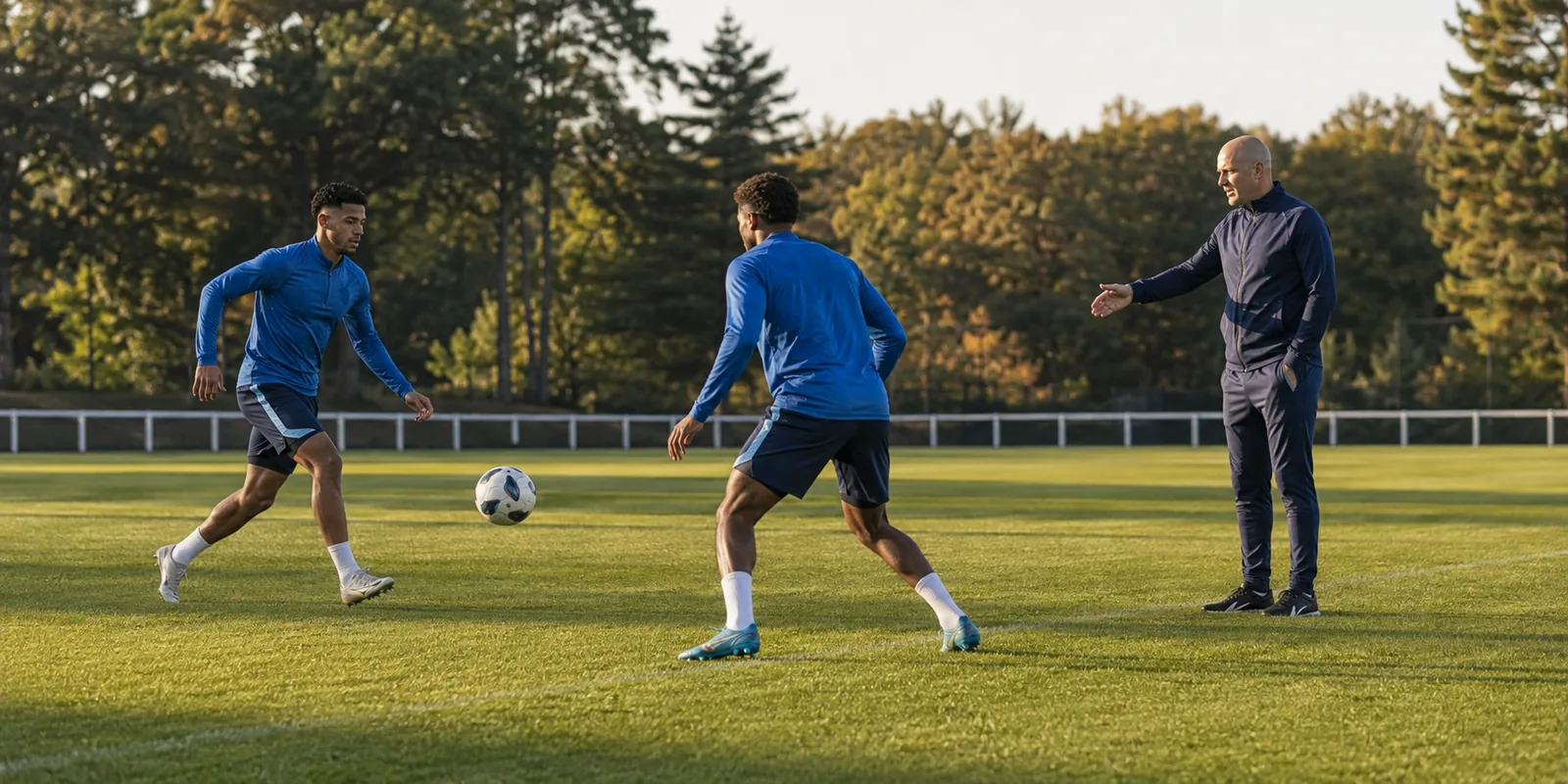 Imagined training illustration of Zinédine Zidane observing two fictional French players in a passing drill