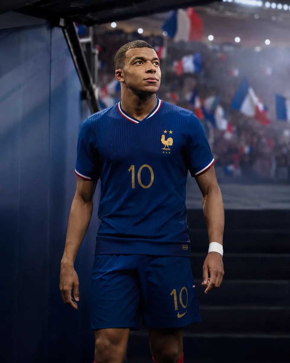 Editorial portrait of Kylian Mbappé in a blue France shirt emerging from a stadium tunnel