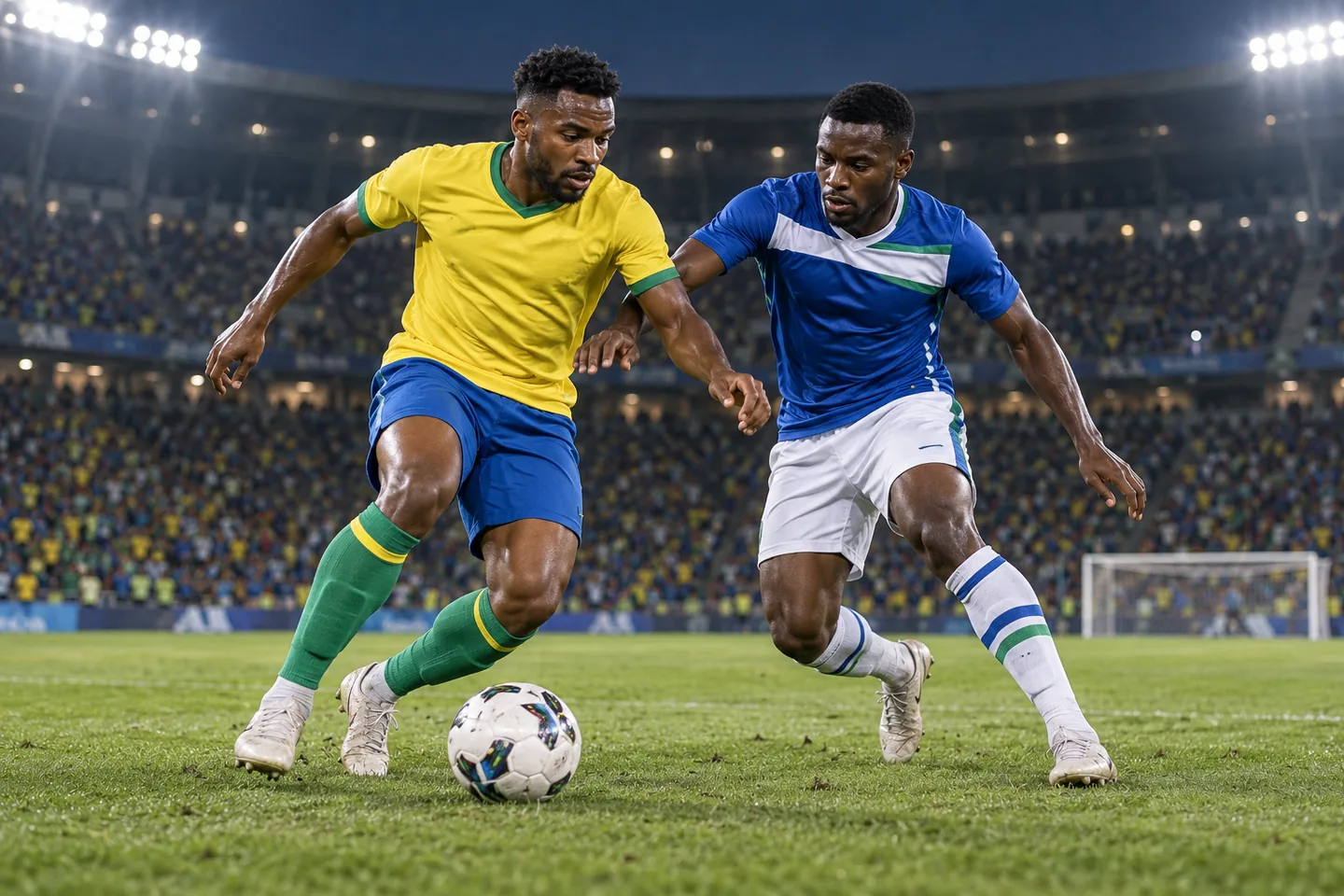 Symbolic Gabon and Lesotho players contesting the ball, both faces visible