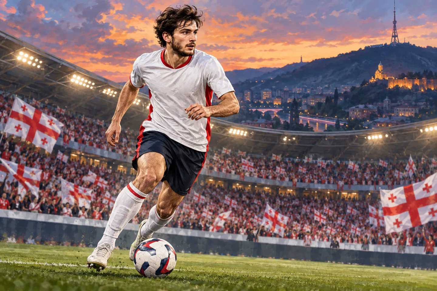 Kvaratskhelia-inspired footballer carrying a ball in white and red, with Tbilisi behind him