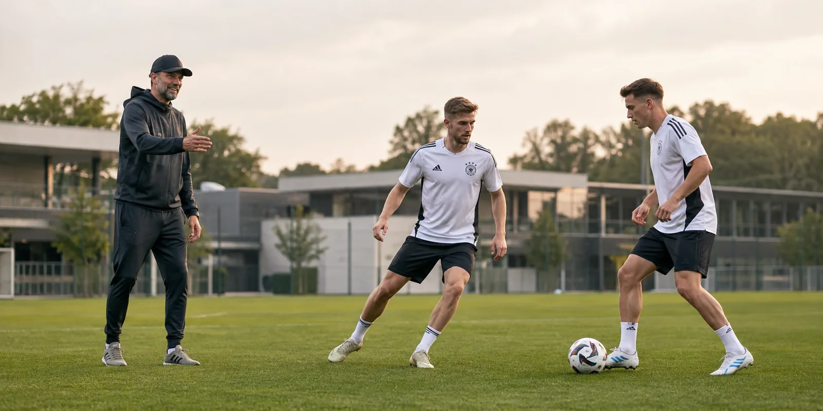 Imagined illustration of Jürgen Klopp observing a passing drill with two fictional Germany players