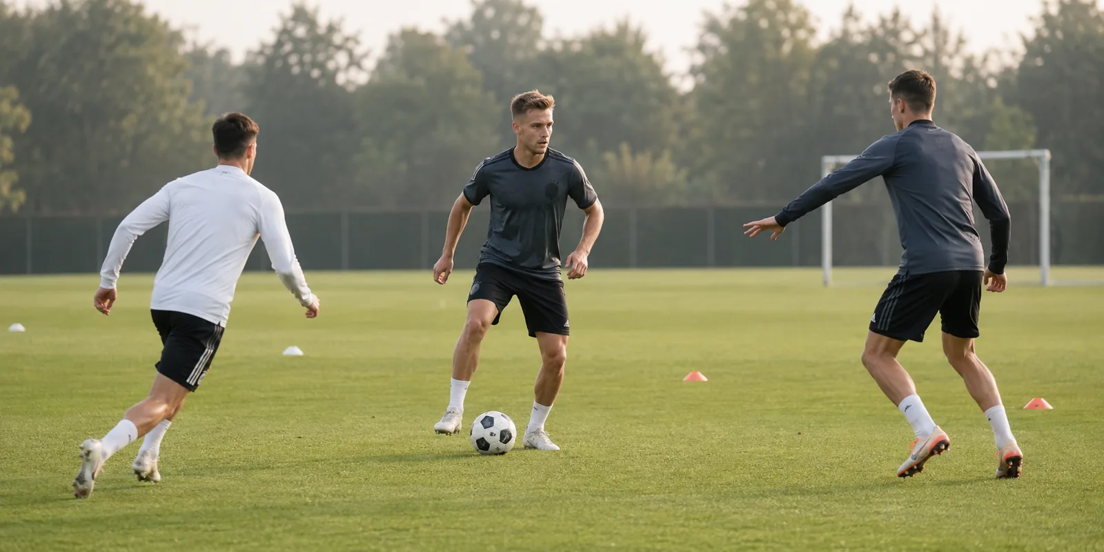 Conceptual illustration of Joshua Kimmich and two fictional Germany teammates in a training drill