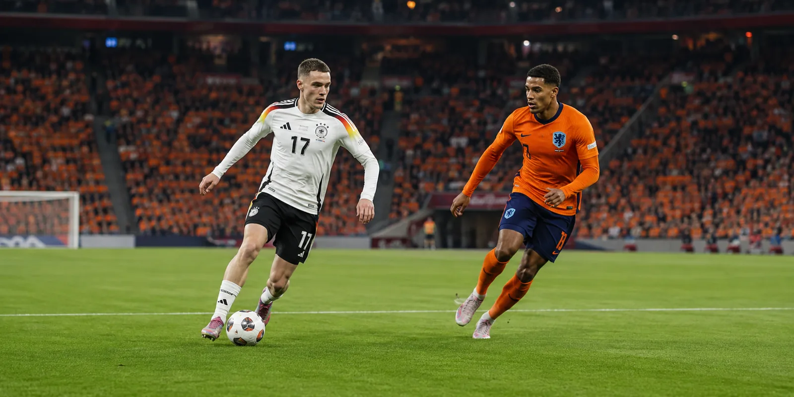 Preview illustration of Florian Wirtz carrying the ball while a fictional Dutch midfielder closes him down