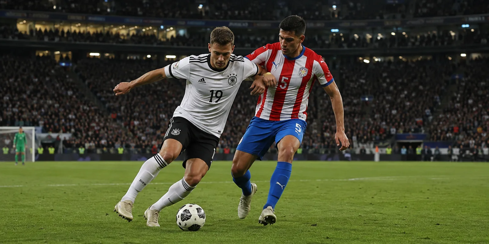 Conceptual illustration of a German attacker controlling the ball under pressure from a Paraguayan defender