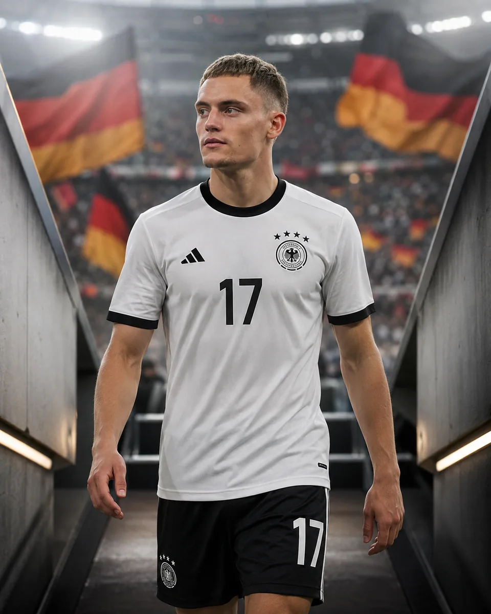 Editorial portrait of Florian Wirtz in a white Germany shirt at a stadium