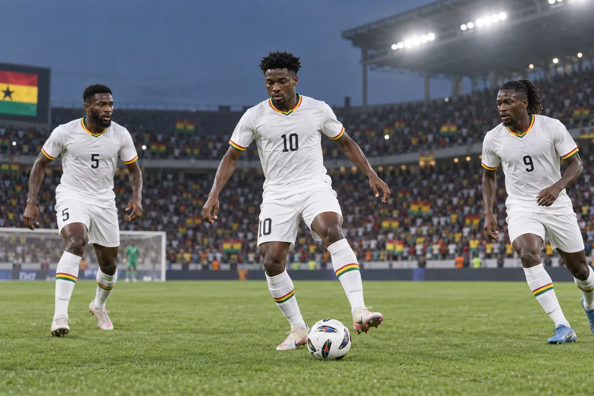 Fictional footballers in Ghana-inspired national colours during a stadium match