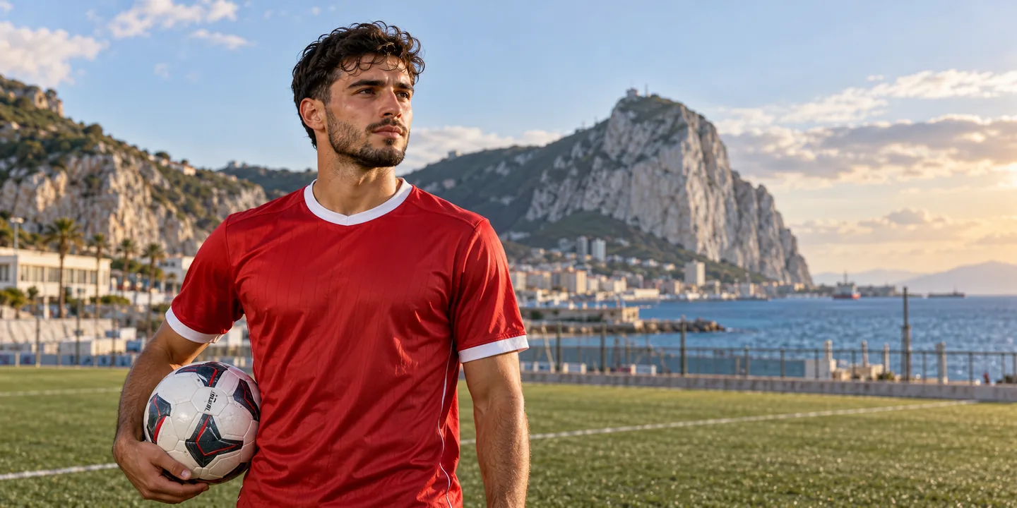 Tjay De Barr-inspired Gibraltar forward in red with his full face visible and the Rock in the background