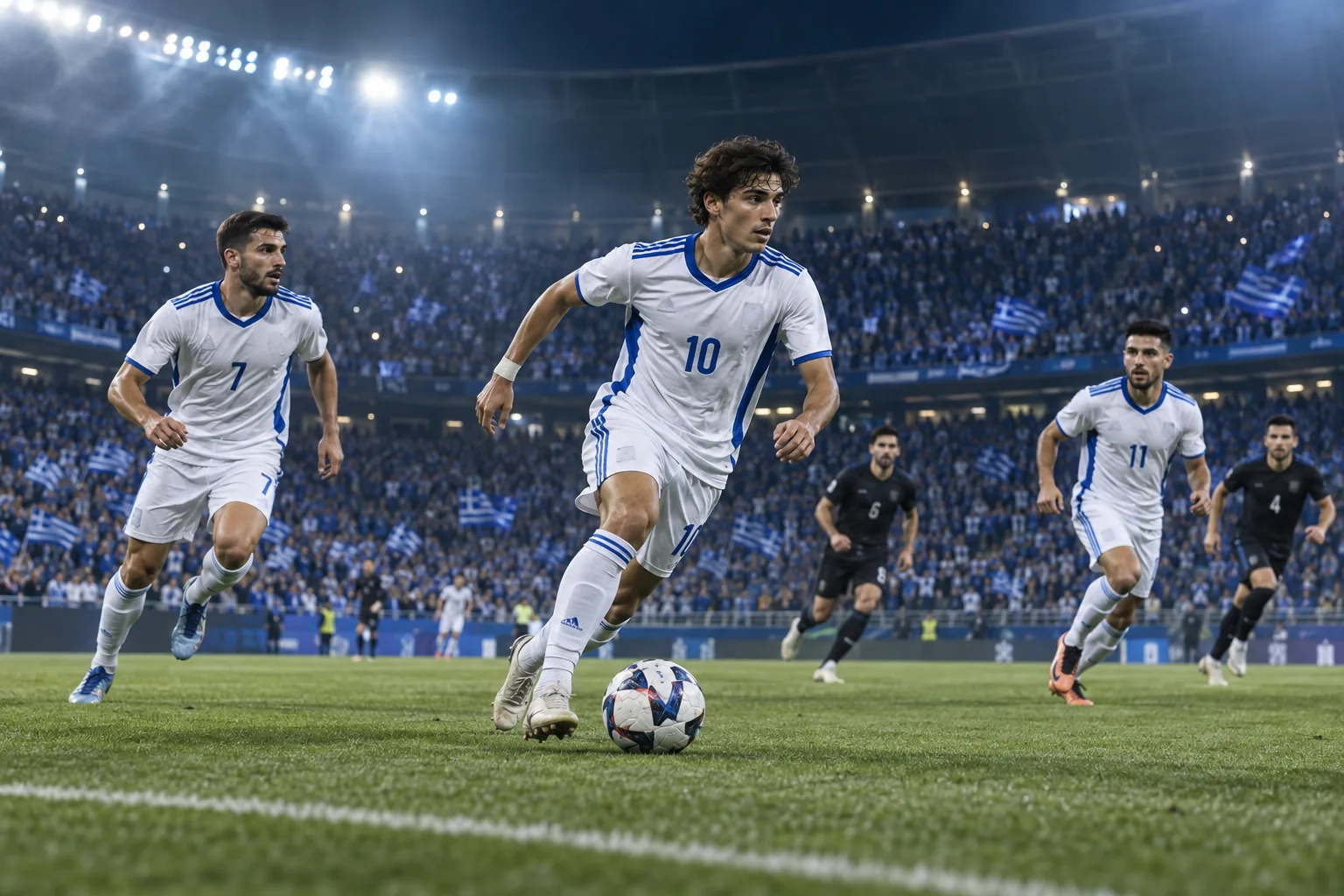 Fictional footballers in Greece-inspired national colours during a stadium match
