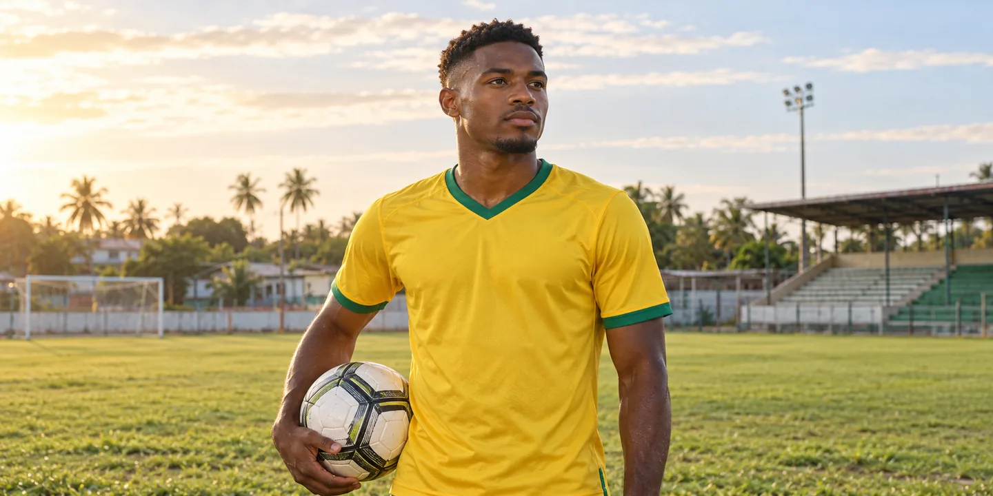 Omari Glasgow-inspired Guyana forward in golden yellow at a tropical football ground, with his full head and face visible