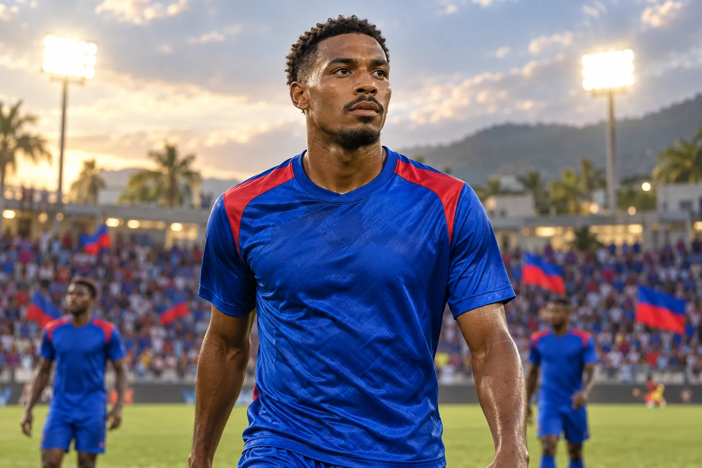 Editorial portrait inspired by Wilson Isidor, with teammates in Haiti colours