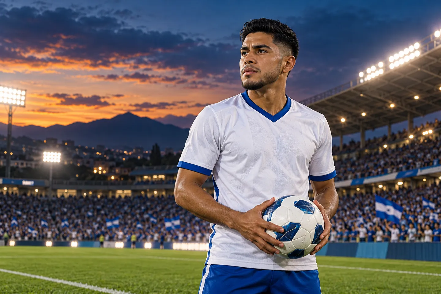 Palma-inspired Honduran winger in a white and blue shirt holding a football