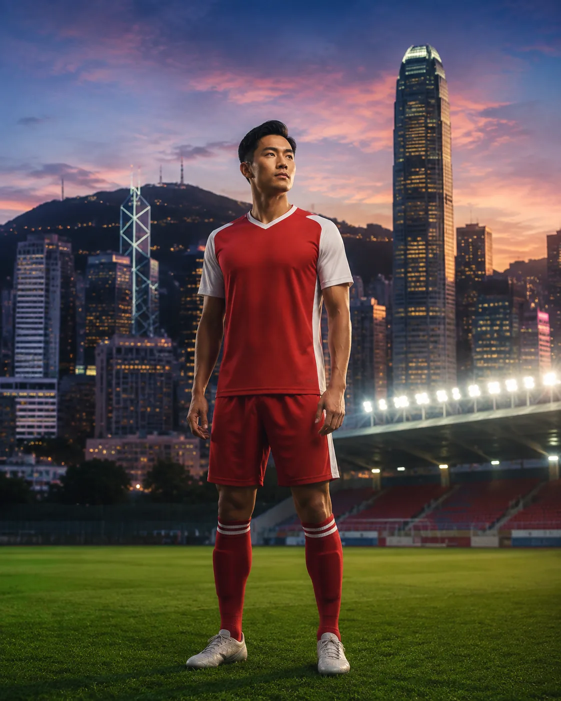 Editorial portrait of a Hong Kong footballer in red and white