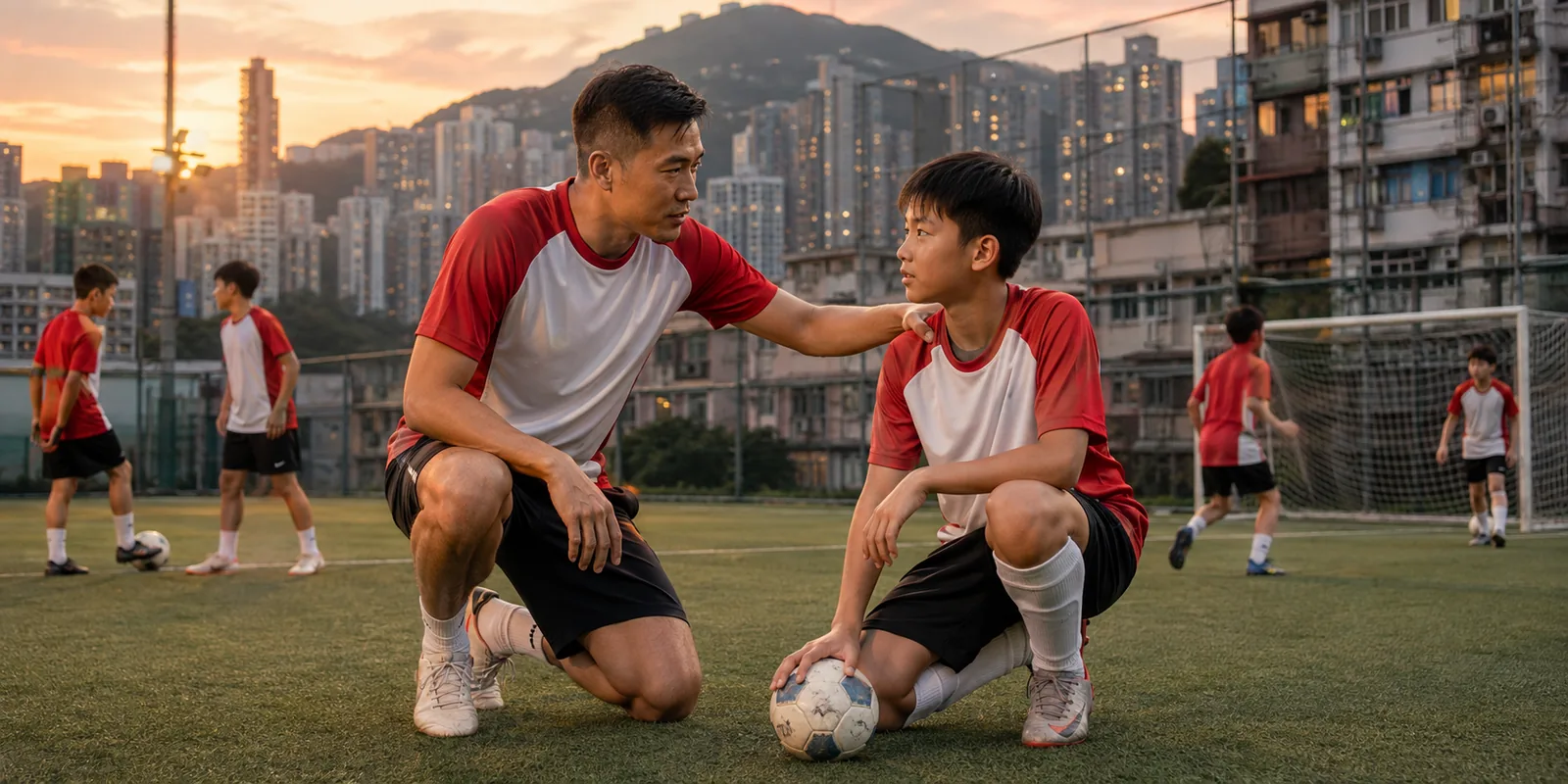 Conceptual Hong Kong senior player mentoring a younger teammate
