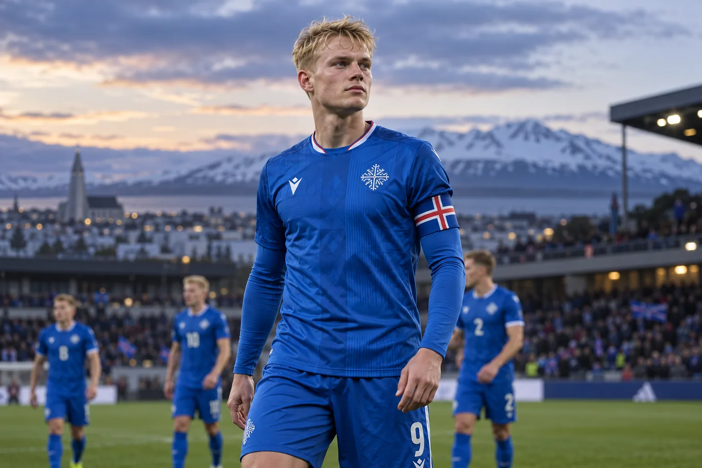 An Orri-inspired Iceland forward in a blue kit with captain’s armband, full face visible